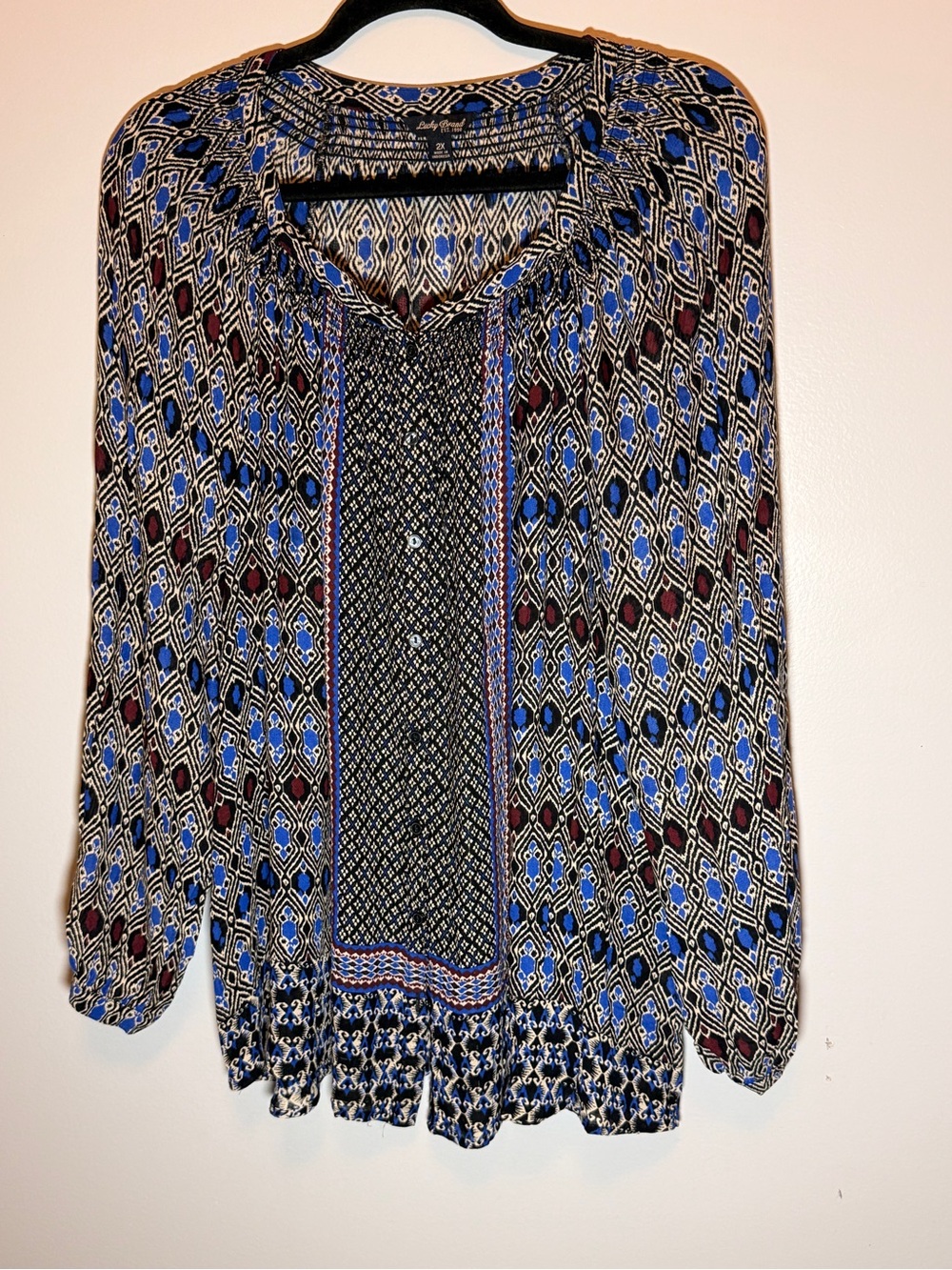 Lucky Brand Blue and Black Geometric Print Peasant Blouse